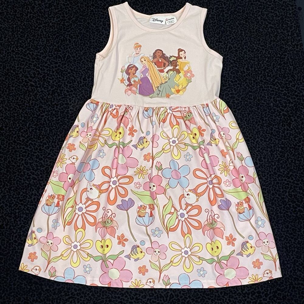 Disney Princess Girls Dress 5-6 Pink Tank Floral Lightweight Sleeveless Casual